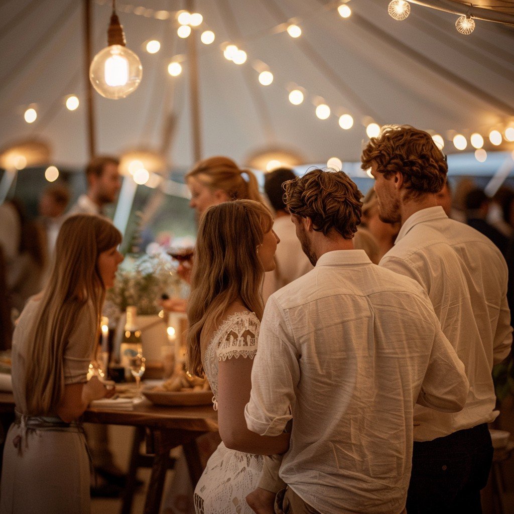 Intimate wedding reception under a tent with warm string lights